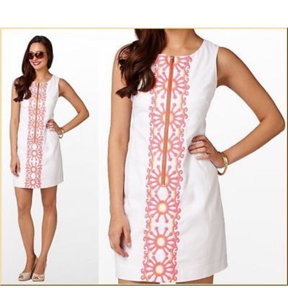 LILLY PULITZER | Kolby Zip Front White and Pink Embroidered Dress Women’s Size 6